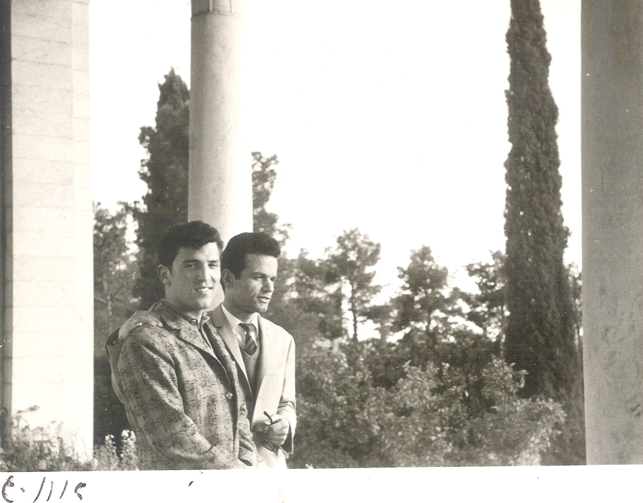Two young men in suits posing between large classical white columns with tall cypress trees in the background.
